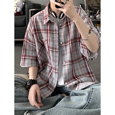 GENIOLAMODE情侣格子衬衫短袖夏季男士复古冰丝宽松衬衣外套高街，男装T恤，电商A157B