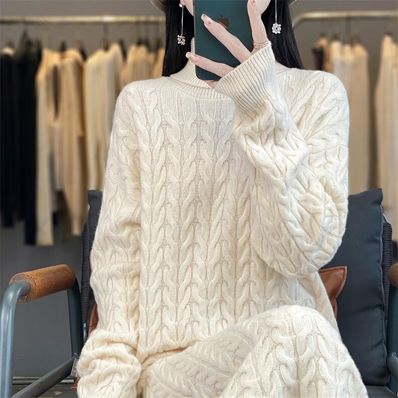 2025高领绞花纯毛长裙百搭简约，女装连衣裙，暖思雅