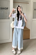 法式蕾丝拼接牛仔马甲套装女2025夏季新款休闲气质阔腿裤三件套潮，女装套装/套裙，2C133
