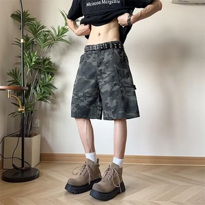 复古迷彩工装牛仔短裤男款潮流夏季青少年vibe直筒阔腿五分裤美式图片