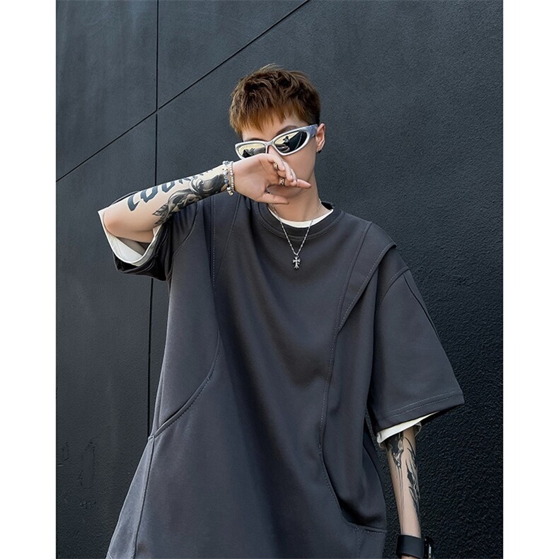 美式复古cleanfit口袋解构boxy宽版型重磅短袖T袖男上衣ins半袖潮,男装T恤,星座1210-1