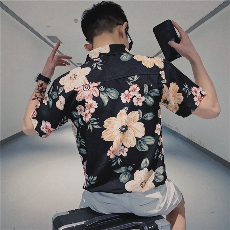 夏季韩版修身旅游花衬衫社会小伙网红短袖衬衣潮男C301B-CS25,男装衬衫,电商C301B