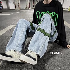 牛仔裤男百搭宽松拖地阔腿裤港风ins潮牌高街痞帅长裤子1486-p50，男装牛仔裤，星座1008-1