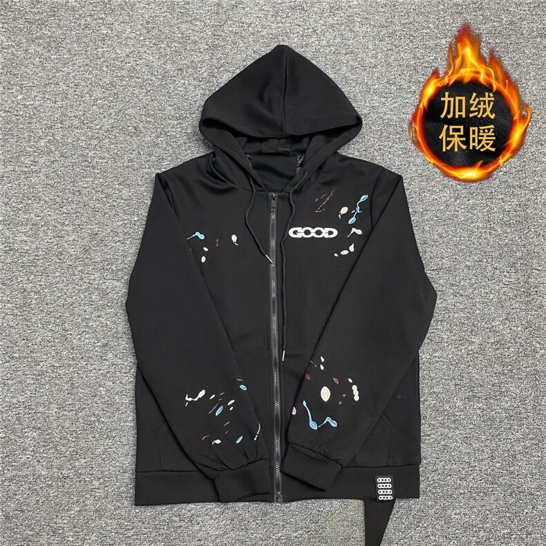 秋冬加绒GOOD刺绣连帽开衫外套泼墨宽松轻奢卫衣WY53P53,女装短外套,星座1013-5