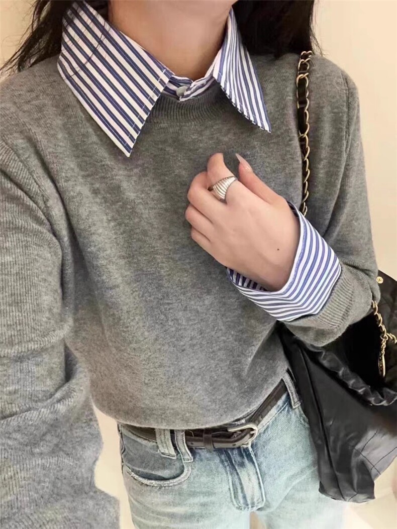 时尚百搭拼接假两件套头衫经典衬衣领设计优雅显瘦羊毛衫,女装羊毛衫,圣旺供货