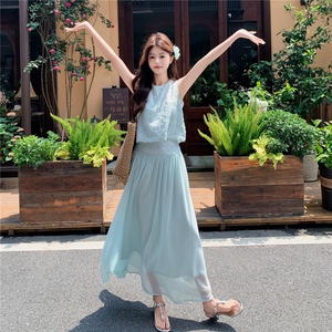 度假风刺绣无袖上衣半身裙套装女2026年夏季新款高级感显瘦两件套图片