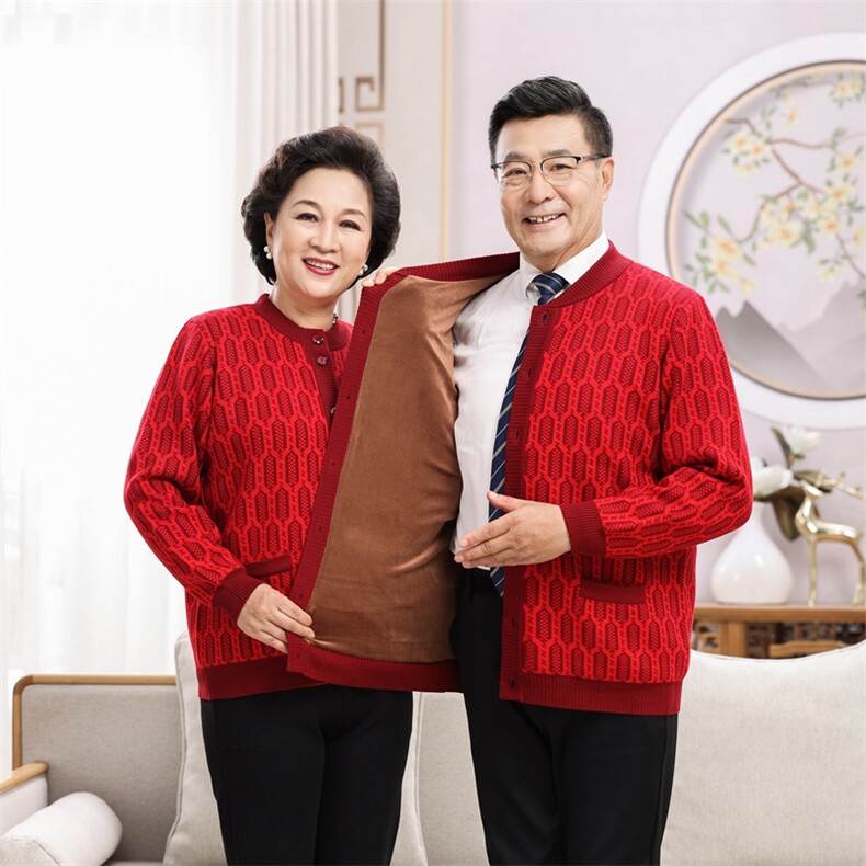 优雅中老年女士羊毛外套红色花纹保暖舒适妈妈装,女装中老年女装,思涛羊绒