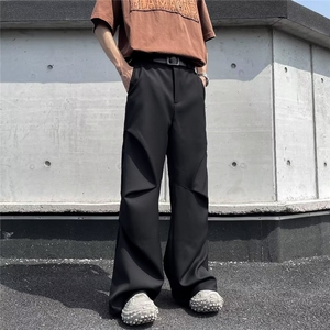 褶皱西装裤男设计感小众宽松阔腿微喇叭休闲裤子包边 KH228图片