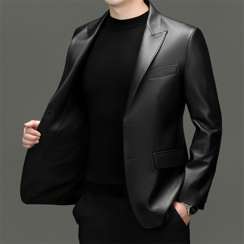 海宁真皮皮衣2025年新款中年男士纯色真皮休闲西装绵羊皮西服外套图片