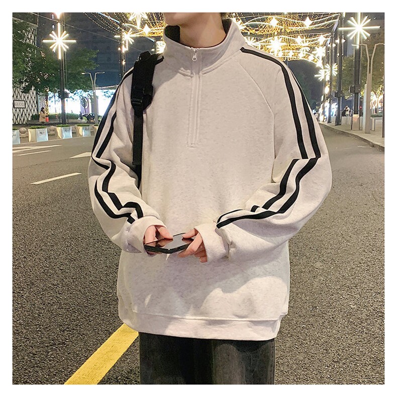 秋季380克全棉宽松条纹拉链套头卫衣立领POLO衫外套AH914-P42,男装Polo衫,四季星座610B