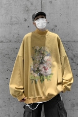 水洗做旧加绒加厚卫衣男23冬高领油画花朵打底衫XZ514-2-X51-P78，男装T恤，星座514-2(原B239)