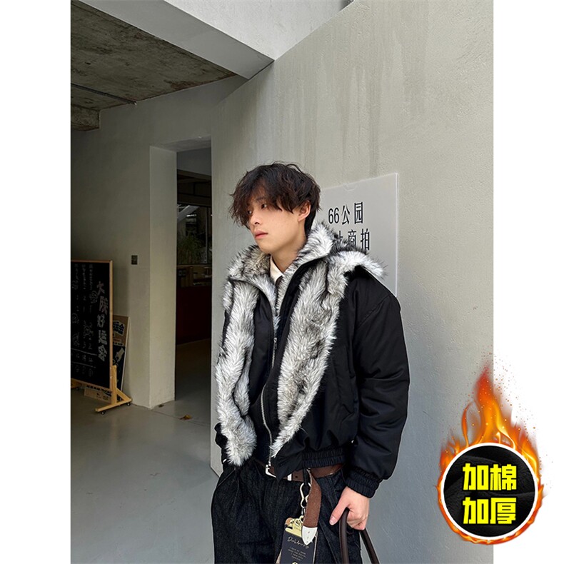 现货高品质美式高街重磅狼王座山雕毛毛领假两件棉衣加厚棉服外套，男装棉衣，电商A486