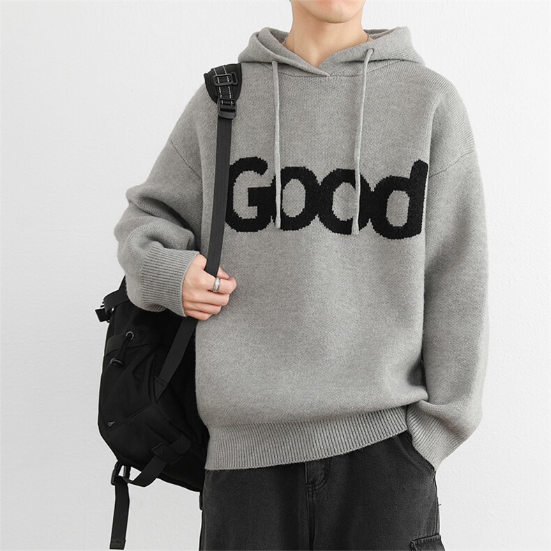 港风复古套头针织帽衫男 GOOD连帽毛衣潮牌秋冬慵懒风情侣外套图片