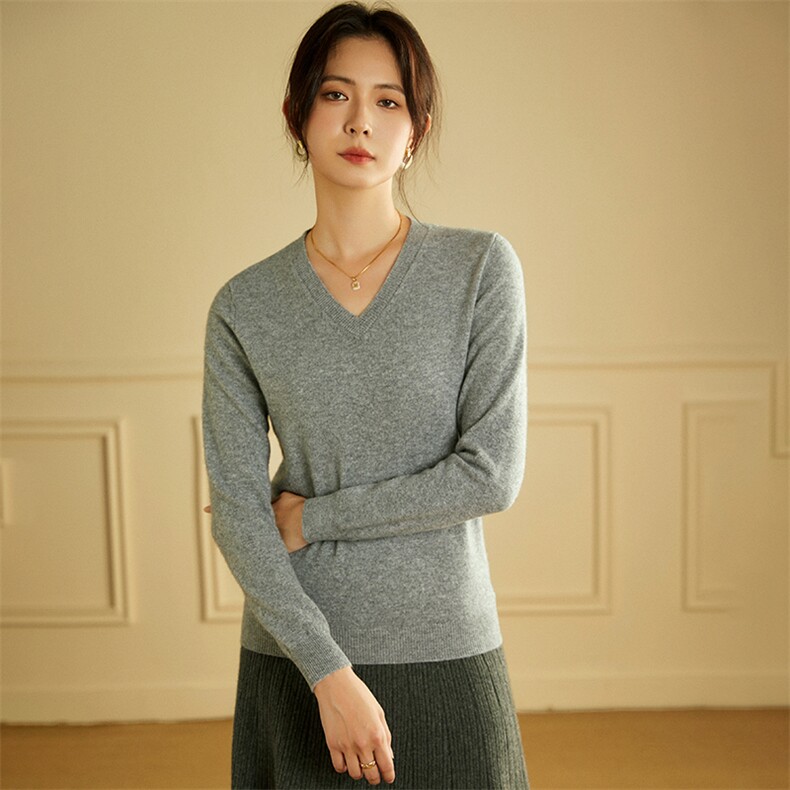 V领羊绒衫女秋冬季百搭纯色低领打底时尚百搭山羊绒衫，女装羊绒衫，绒美人羊绒
