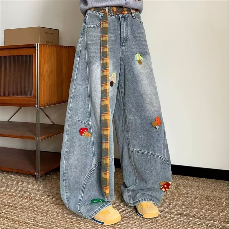 牛仔裤女花卉刺绣水洗直筒裤潮牌设计感宽松百搭长裤AM859P54,男装牛仔裤,星座1013-5