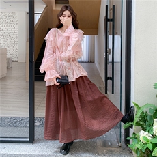 粉色蕾丝拼接衬衫套装裙女2025秋新款法式甜美温柔风半身裙两件套，女装套装/套裙，2C158