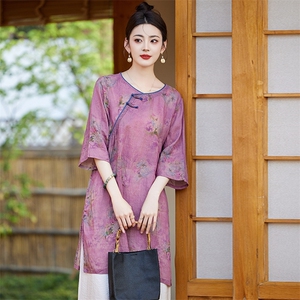 中长款棉麻旗袍+裤两件套装女夏新款印花盘扣高端套装上衣显瘦图片
