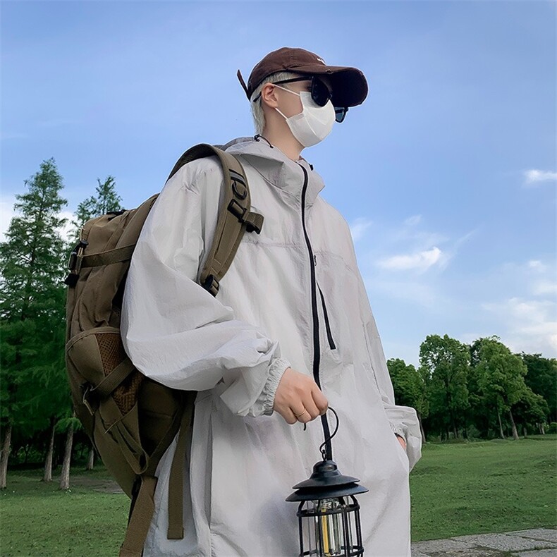 纯色拼接连帽防晒衣男宽松百搭情侣冰丝皱防晒服HY155P42,男装防晒衣,星座1116-2