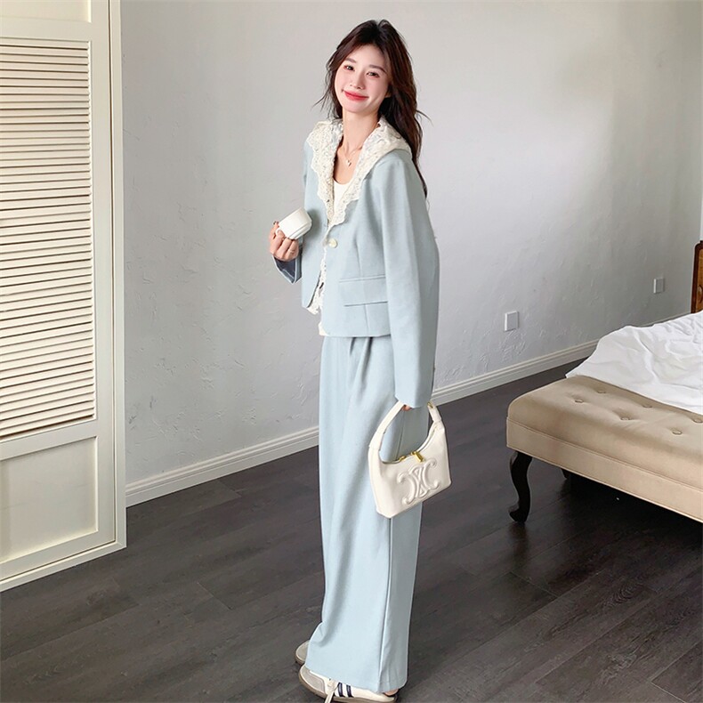 设计感西装套装女2025秋季新款今年流行减龄蕾丝西服阔腿裤两件套,女装套装/套裙,2D078
