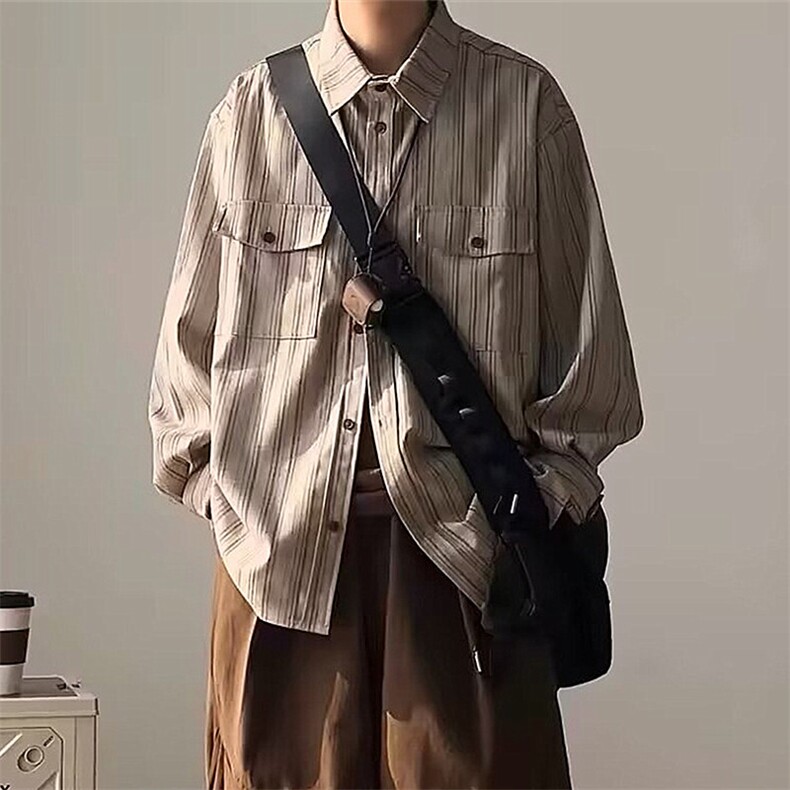 2026春日系复古条纹衬衫男款长袖宽松百搭休闲衬衣C3036,男装衬衫,星座1108