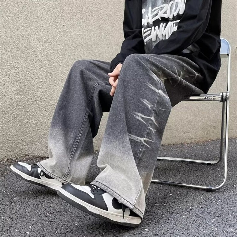 渐变黑色牛仔长裤男直筒宽松vibe高街裤子拖地阔腿裤NK543,男装休闲裤,星座1116A-1（原606A）
