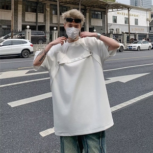 夏季韩版高级感小众结构型圆领短袖男百搭宽松休闲垫肩半袖T恤潮,蝴蝶结发夹服装搭配图片