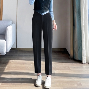 藏青色九分直筒西装裤女2025秋季新款高腰显瘦小个子法棍裤图片