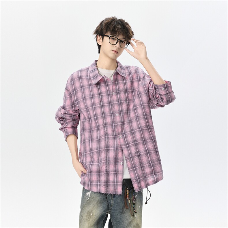 311B-1-YCS2011-P49控98潮牌时尚泡泡格衬衫重磅宽松休闲上衣,男装衬衫,星座311B-1