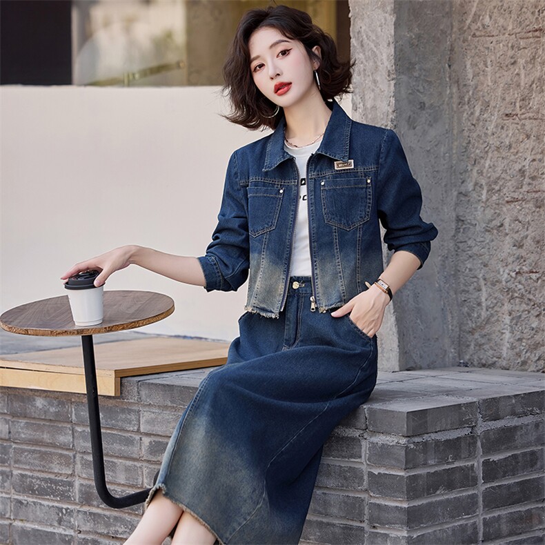 【新款现货】2024秋装新款时髦百搭牛仔外套+半裙两件套,女装套装/套裙,慕依路