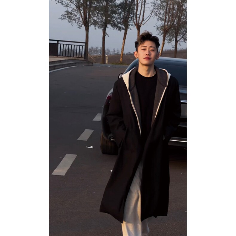 可拆卸~假两件卫衣连帽毛呢大衣男垫肩过膝长款风衣外套Y979-P138，男装风衣，星座1004-3
