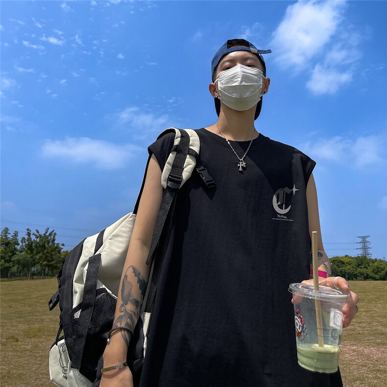 港风23新款夏季时尚百搭无袖印花圆领短袖T恤DT65006P25控38,男装T恤,电商A268A