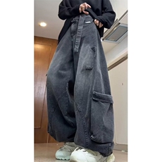 [008]牛仔裤男新款松紧腰水洗做旧宽松阔腿直筒裤A079-KU78-P64，男装牛仔裤，电商A079