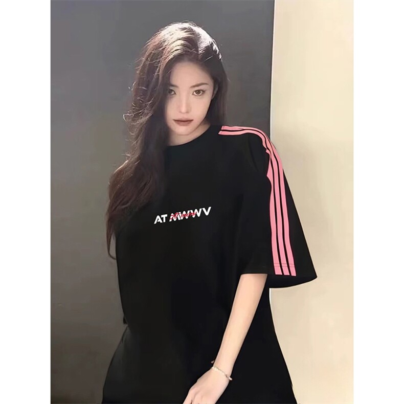 抖音得物品质二开240克宽松纯棉美式潮牌印花三条杠中性风短袖T恤,男装T恤,电商A486