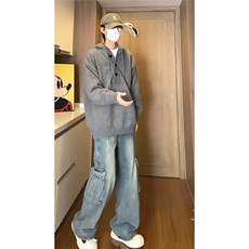 重磅秋冬装北极绒开衫毛衣美式复古休闲慵懒风针织衫加厚连帽外套，男装针织衫/毛衣，电商A486