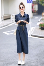 欧货时尚牛仔连衣裙女2024夏季新款修身洋气减龄泡泡袖衬衫中长裙，女装连衣裙，E百度