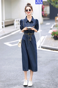 欧货时尚牛仔连衣裙女2024夏季新款修身洋气减龄泡泡袖衬衫中长裙图片