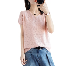 100%棉线短袖针织衫女V领套头镂空勾花半袖打底T恤衫全棉线背心薄，女装T恤，彩羽羊绒