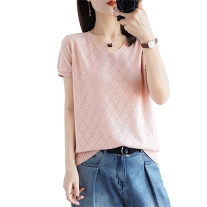 100%棉线短袖针织衫女V领套头镂空勾花半袖打底T恤衫全棉线背心薄图片