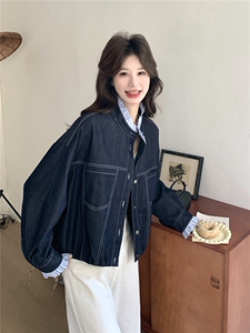 韩系撞色明线牛仔短外套木耳边假两件设计感宽松休闲秋装上衣女图片