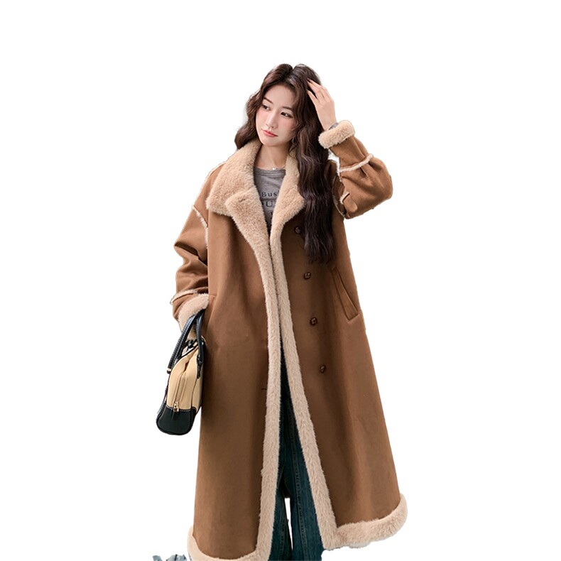 【新品】麂皮绒皮毛一体羊羔毛长款外套女5156-P225-K338,女装皮草,2C126