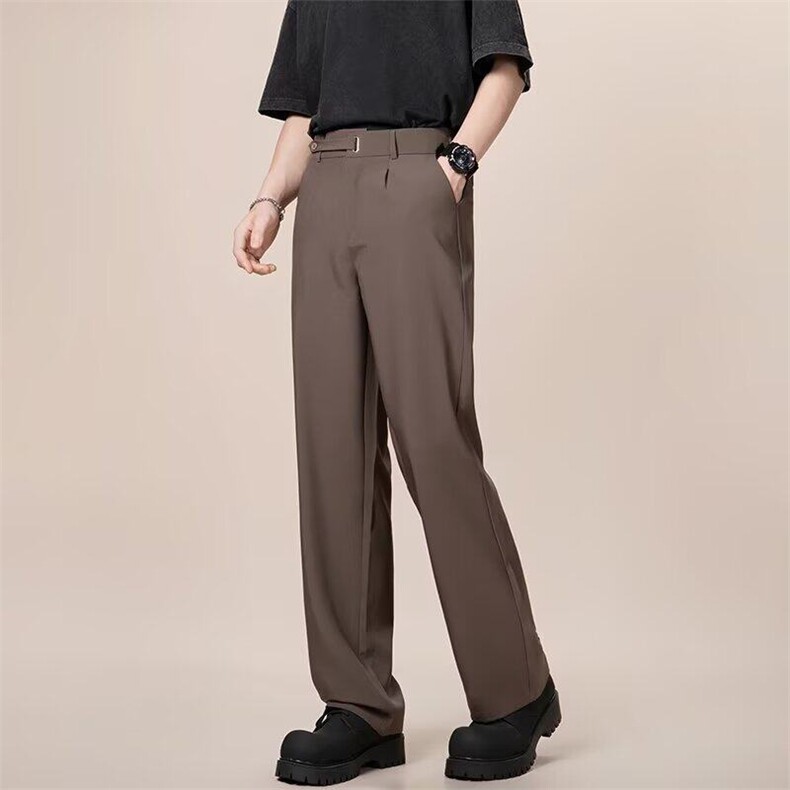 复古棕咖色卡扣设计小众西裤男夏季薄款冰丝裤子窄版直筒休闲长裤，男装西裤，星座601-1