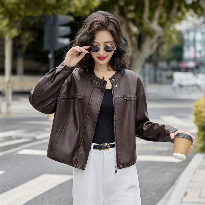 高级感咖色立领皮衣外套女2025秋季新款宽松休闲百搭短款夹克上衣,女装皮衣,梦依缘