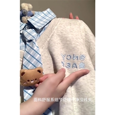 软妹可爱小熊polo领卫衣男女春秋季宽松学院风衬衫拼接假两件外套，男装衬衫，星座601-1
