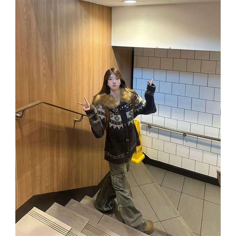 重磅北极绒座山雕大毛毛领毛衣外套冬美式复古休闲慵懒风针织开衫,男装针织衫/毛衣,电商A486