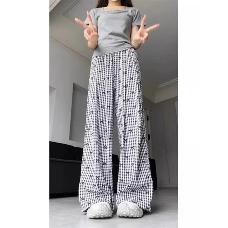 AK2494-p30复古格子蝴蝶结刺绣休闲裤女2026夏季新款阔腿裤裤子,女装休闲裤,星座617A-2