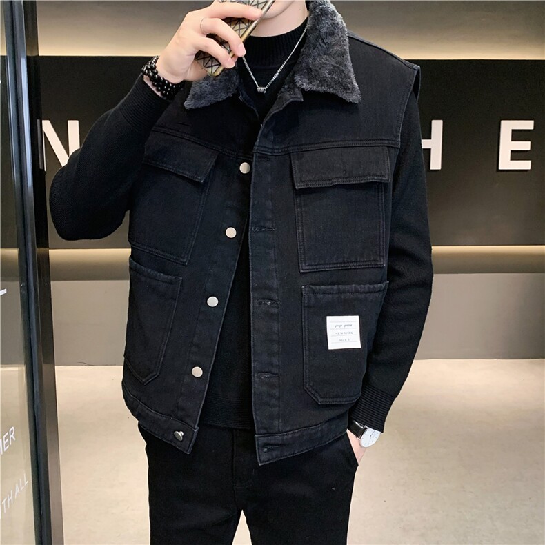 MJ215J-68-限价98 M-5XL 牛仔马夹大码加绒羊羔绒工装座山雕图片