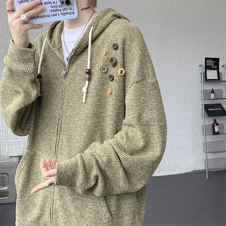 美式复古设计感针织连帽外套男女小众慵懒卫衣开衫潮牌WY21P78,男装卫衣,电商D206-1