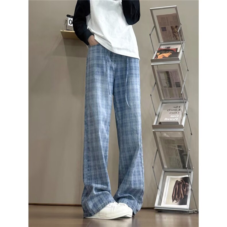 蓝色格子休闲运动裤子宽松bf慵懒风2025新款美式拖地微喇阔腿长裤，女装休闲裤，星座1210-1