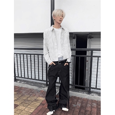 美式潮牌高街复古泡泡纱竖条纹日系肌理长袖衬衫男女休闲宽松衬衣，男装衬衫，电商A443