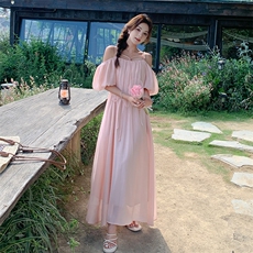 粉色一字肩珠串吊带泡泡袖连衣裙女2025夏季超仙法式甜美A字长裙，女装连衣裙，2C123